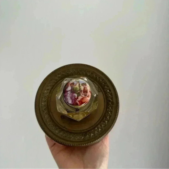 Rare Signed Antique Angelica Kauffman Inkwell Glass Jar on Brass Tray - Picture 9 of 13